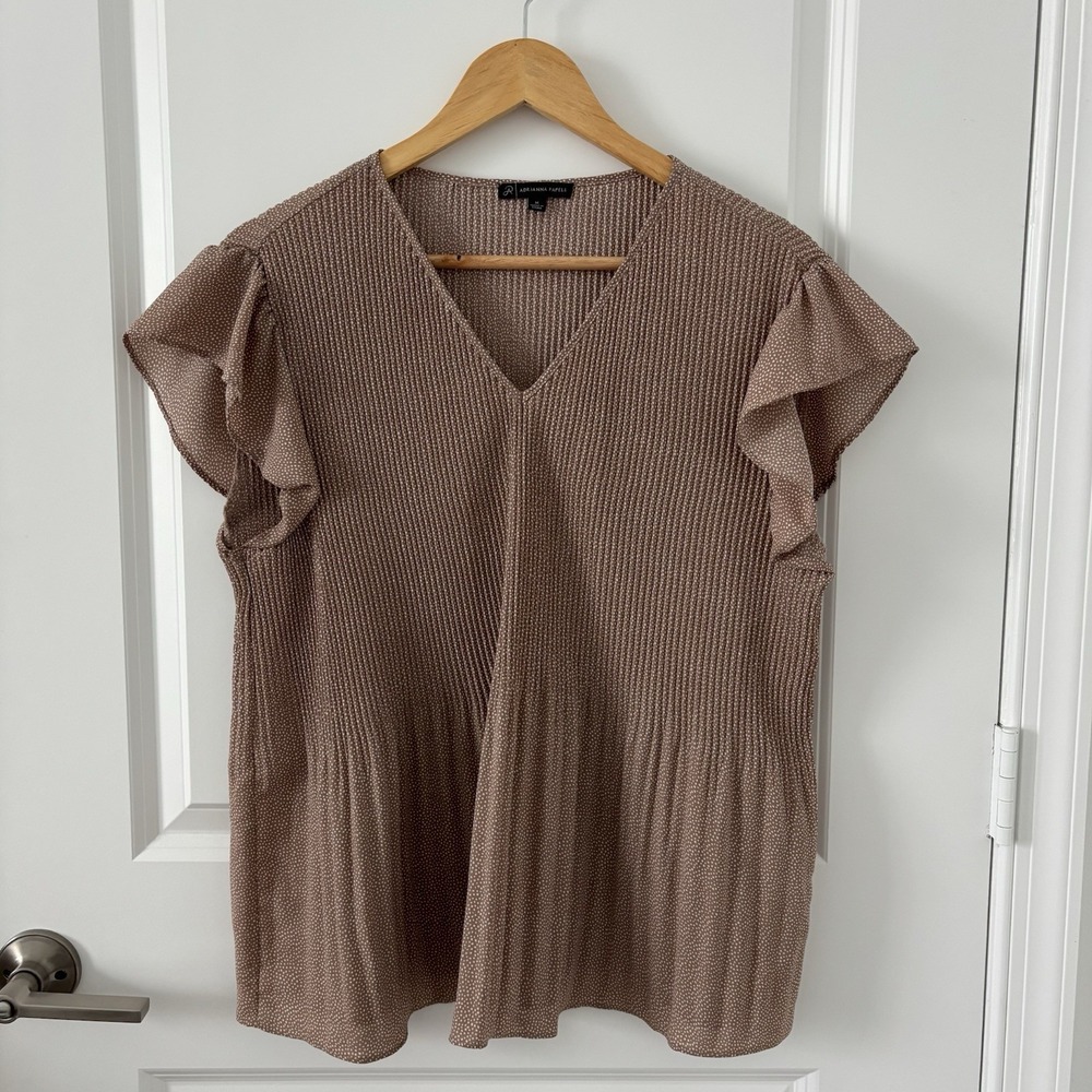 Adrianna Papell | Pleated Flutter Sleeve Mauve Polka Dot Blouse Size M Peasant